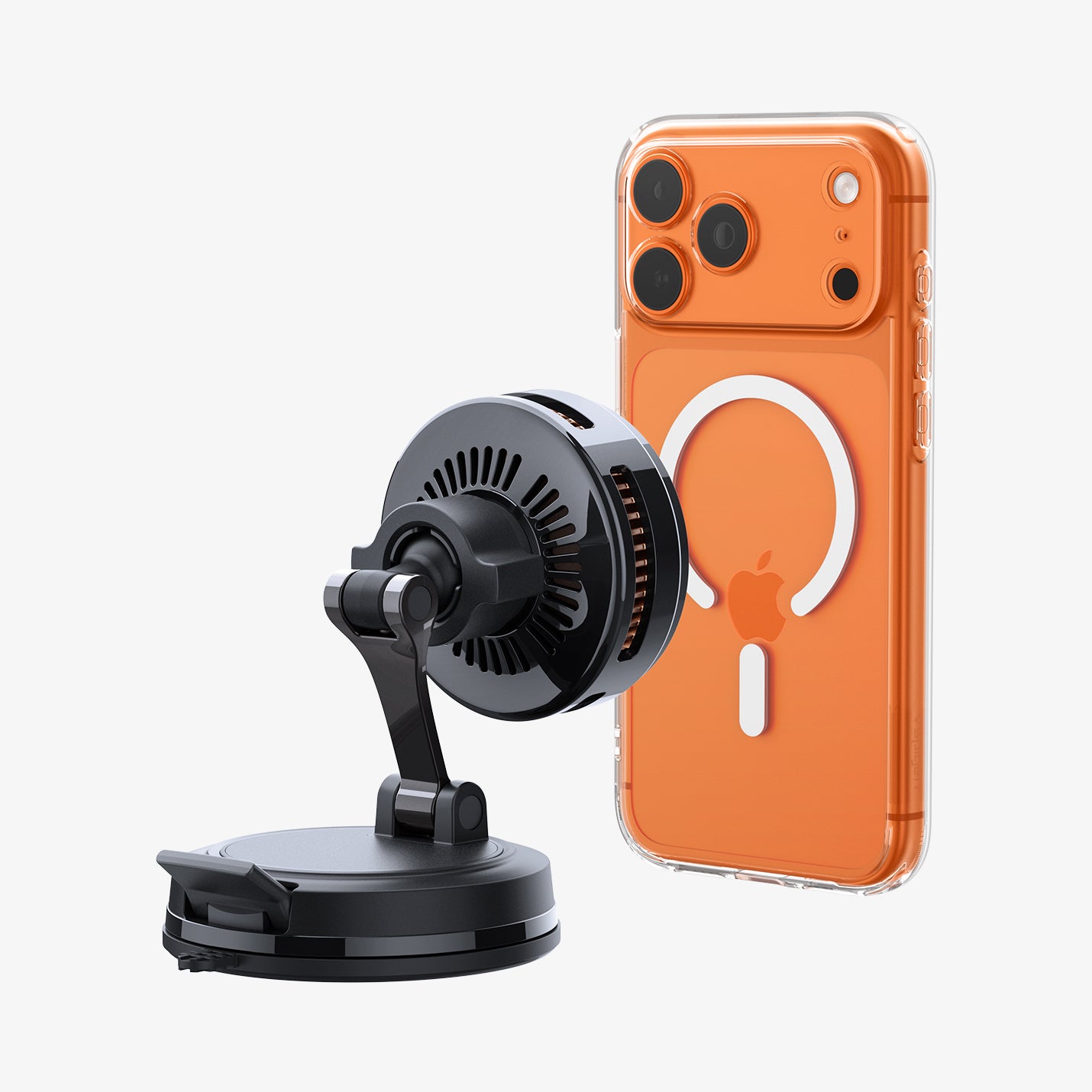 ACP11399 - Peltier Dashboard Charging Mount with Cable | PLT100 (Mag Fit) showing an orange iPhone in a clear MagSafe case next to the black PLT100 charging head and base.