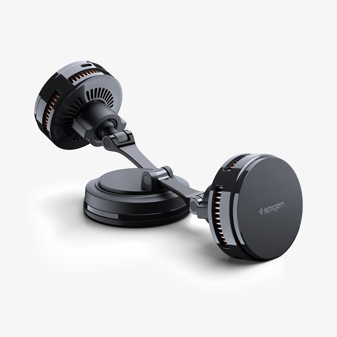 ACP11399 - Peltier Dashboard Charging Mount with Cable | PLT100 (Mag Fit) showing a side view of the PLT100 mount extended, with the head tilted and the Spigen logo visible.