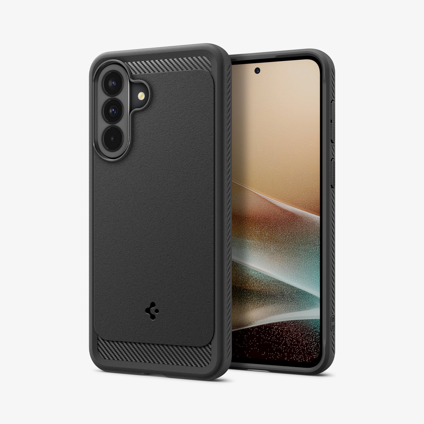 ACS09795 - Spigen Rugged Armor Galaxy A37 5G case in Matte Black - front and back view showing carbon fiber accents and textured sides
