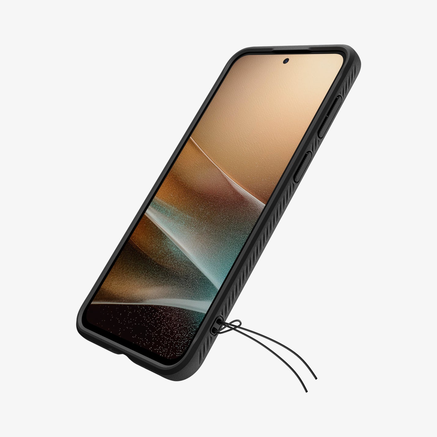 ACS09795 - Spigen Rugged Armor Galaxy A37 5G case in Matte Black showing lanyard port at bottom with cord attached