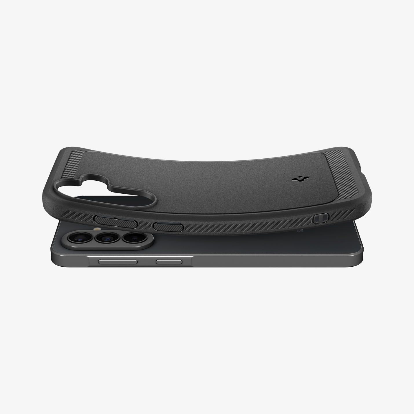 ACS09795 - Spigen Rugged Armor Galaxy A37 5G case in Matte Black lifting away from phone, showing flexible TPU construction