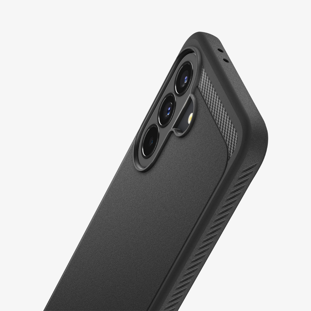 ACS09795 - Spigen Rugged Armor Galaxy A37 5G case in Matte Black - close-up of camera cutout and carbon fiber texture detail