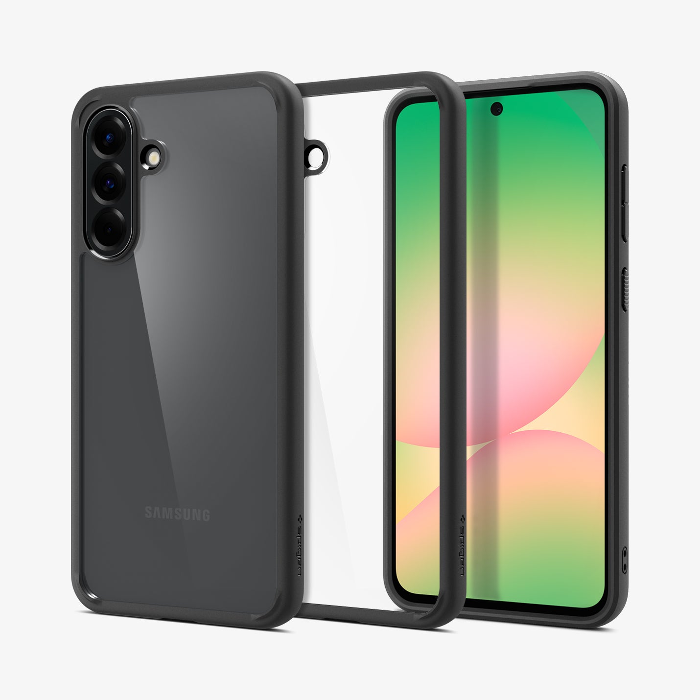 ACS09293 - Galaxy A56 5G Case Ultra Hybrid in Matte Black showing the back, in the middle, a clear case with darker tpu frame. Next to it, is a device facing front