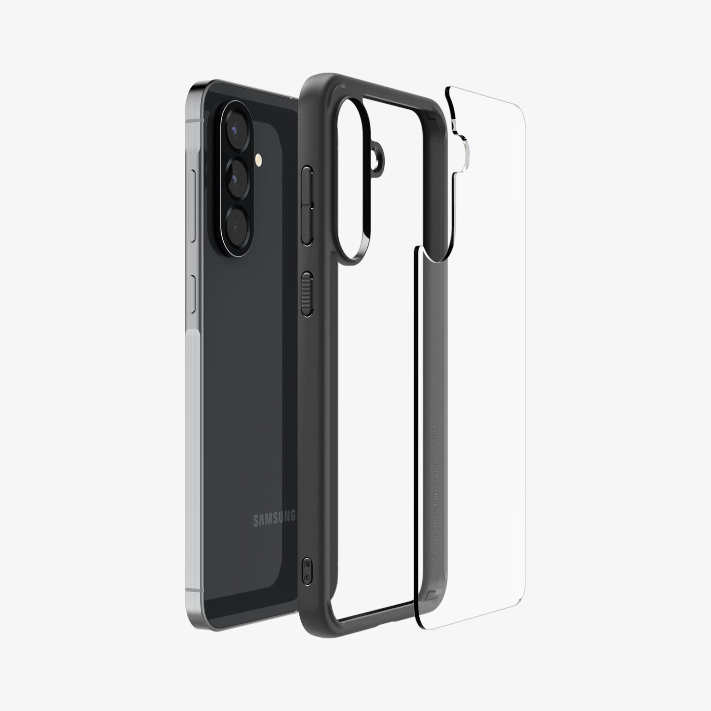 ACS09293 - Galaxy A56 5G Case Ultra Hybrid in Matte Black showing the back layer case detached from the tpu frame and the device aligned with each other