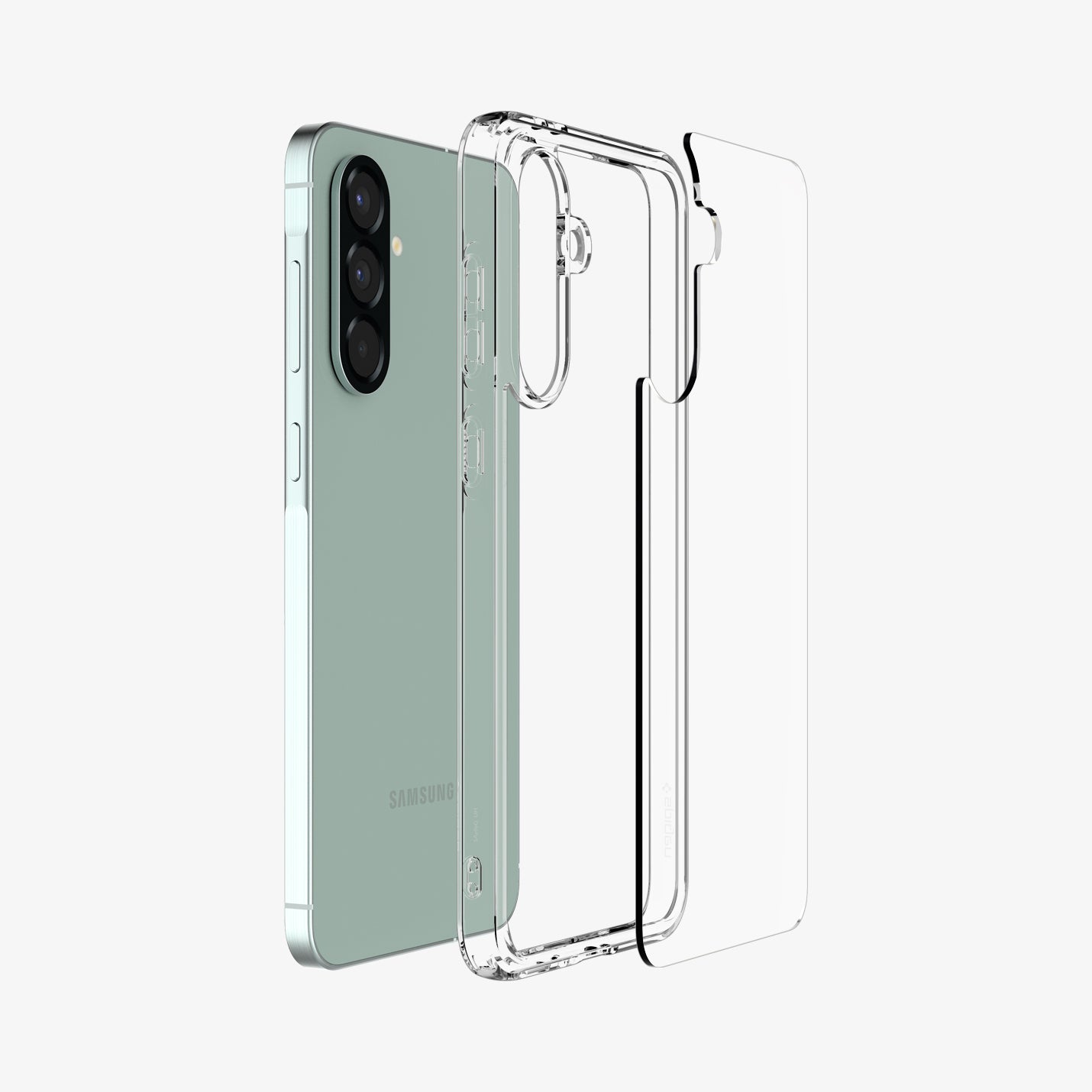 ACS09292 - Galaxy A56 5G Case Ultra Hybrid in Crystal Clear showing the back layer case detached from the tpu frame and the device aligned with each other