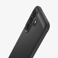 ACS09794 - Spigen Rugged Armor Galaxy A57 5G case in Matte Black - close-up of camera cutout and carbon fiber texture detail