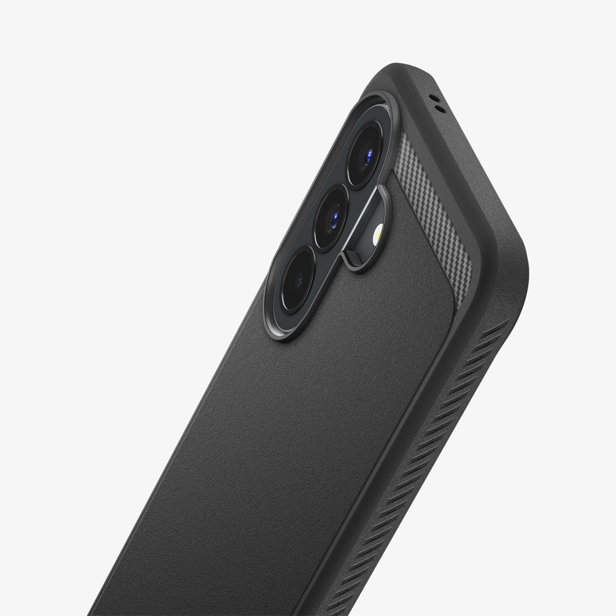 ACS09794 - Spigen Rugged Armor Galaxy A57 5G case in Matte Black - close-up of camera cutout and carbon fiber texture detail