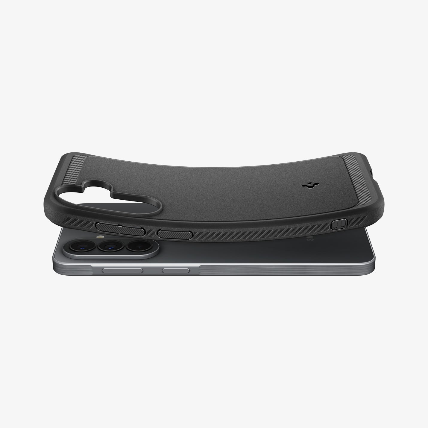 ACS09794 - Spigen Rugged Armor Galaxy A57 5G case in Matte Black lifting away from phone, showing flexible TPU construction