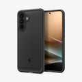 ACS09794 - Spigen Rugged Armor Galaxy A57 5G case in Matte Black - front and back view showing carbon fiber accents and textured sides