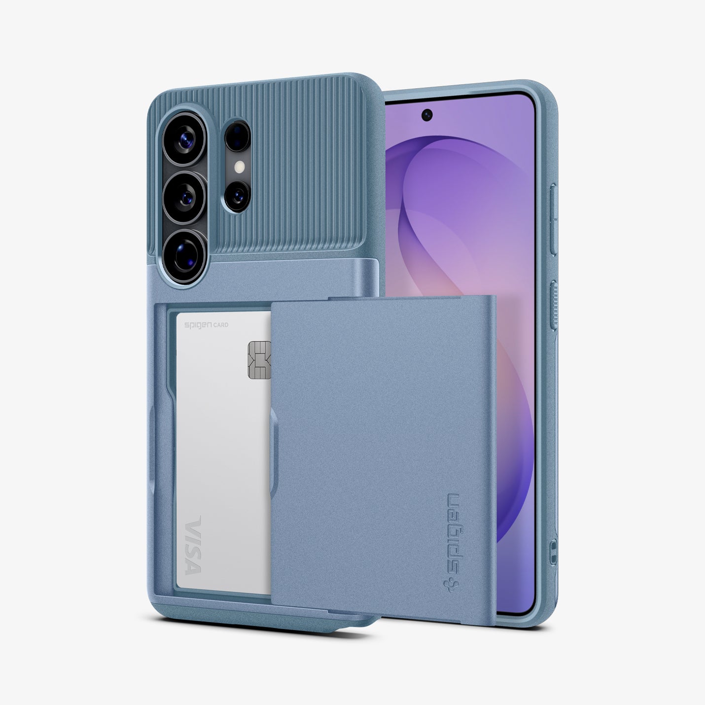 ACS11225 - Galaxy S26 Ultra Slim Armor CS in Light Blue showing the back with the device, partial back case only, partial front and sides
