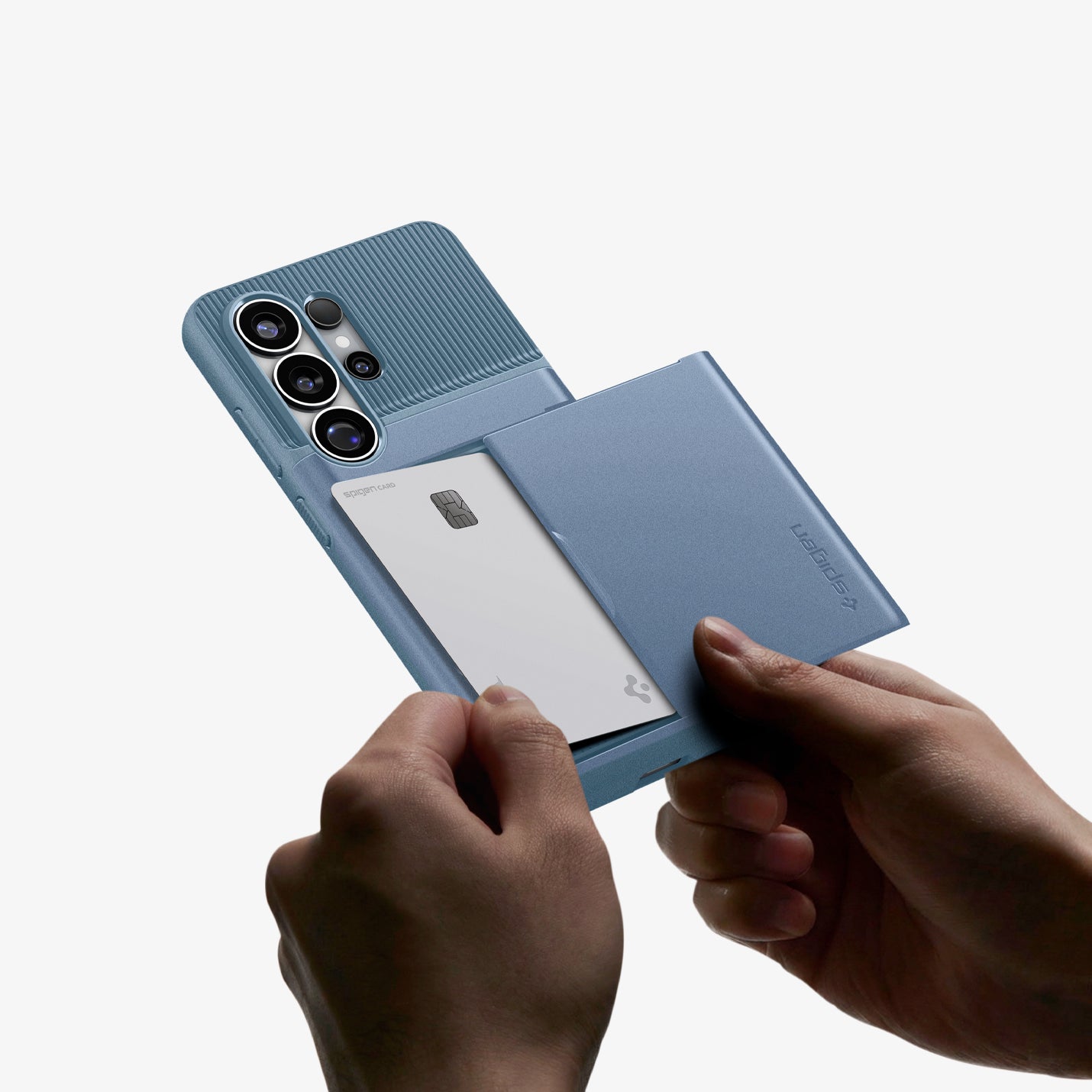 ACS11225 - Galaxy S26 Ultra Slim Armor CS in Light Blue showing the back with the card open