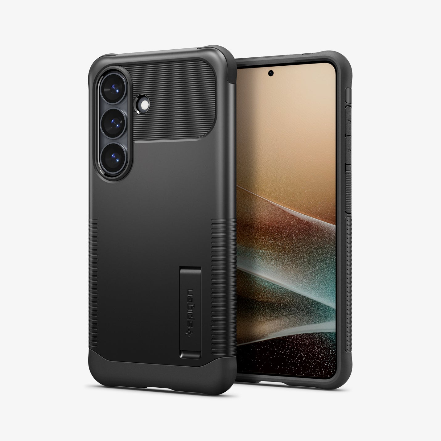 ACS10718 - Galaxy S26 Plus Slim Armor (Mag Fit) in Black showing the back with the device, partial back case only, partial front and sides