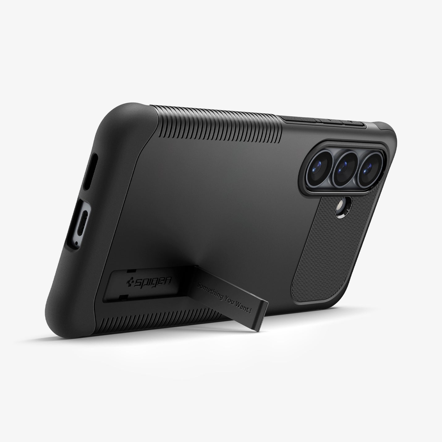 ACS10718 - Galaxy S26 Plus Slim Armor (Mag Fit) in Black showing bottom of case with kickstand out
