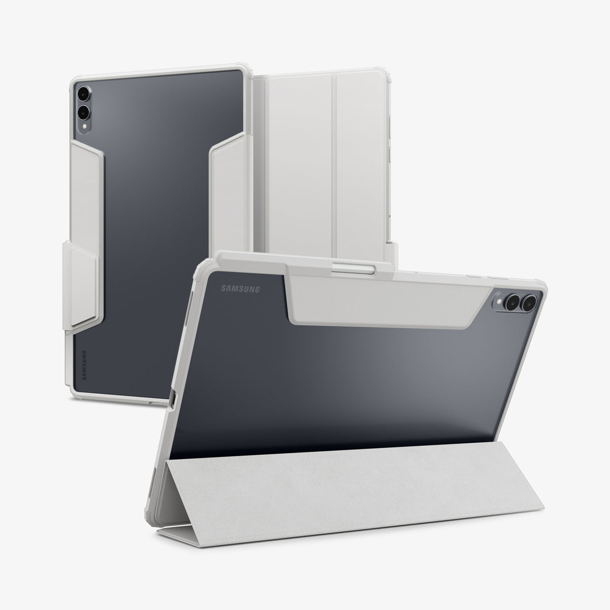 ACS10220 - Galaxy Tab S12 Ultra Ultra Hybrid Pro in Gray showing multiple views of a tablet case with a clear back, folding cover, and stylus storage.