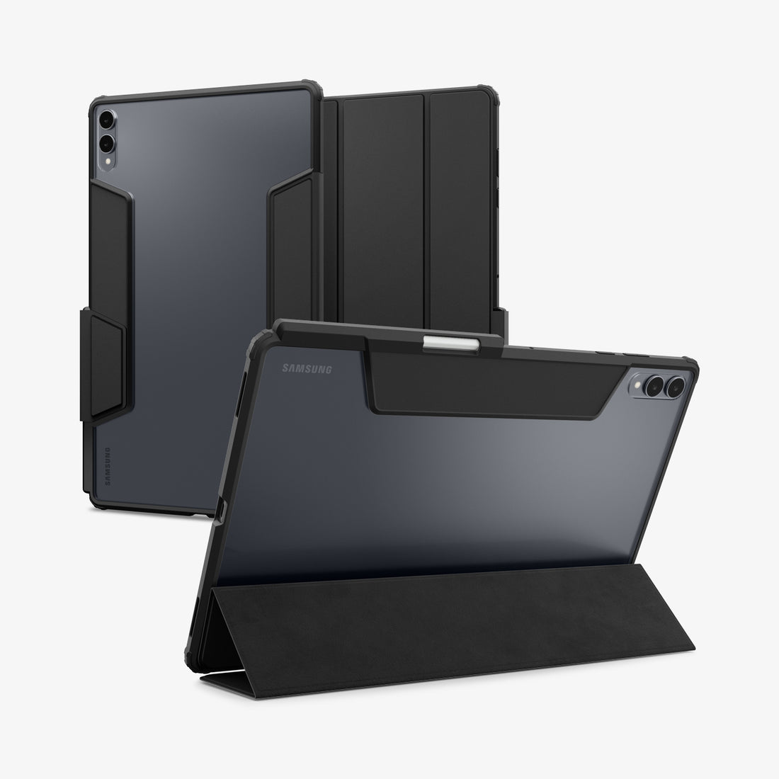 ACS10219 - Galaxy Tab S12 Ultra Ultra Hybrid Pro in Black showing multiple views of a tablet case with a clear back, folding cover, and stylus storage.