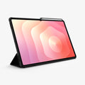 ACS10219 - Galaxy Tab S12 Ultra Ultra Hybrid Pro in Black showing a tablet case propped in landscape orientation with a folded stand and stylus stored along the top edge.