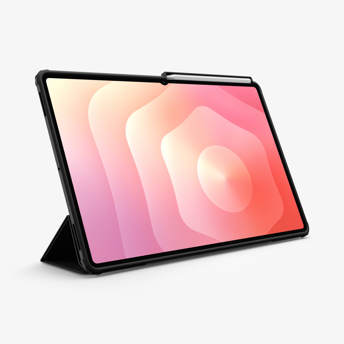 ACS10219 - Galaxy Tab S12 Ultra Ultra Hybrid Pro in Black showing a tablet case propped in landscape orientation with a folded stand and stylus stored along the top edge.