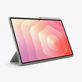 ACS10220 - Galaxy Tab S12 Ultra Ultra Hybrid Pro in Gray showing a tablet case propped in landscape orientation with a folded stand and stylus stored along the top edge.