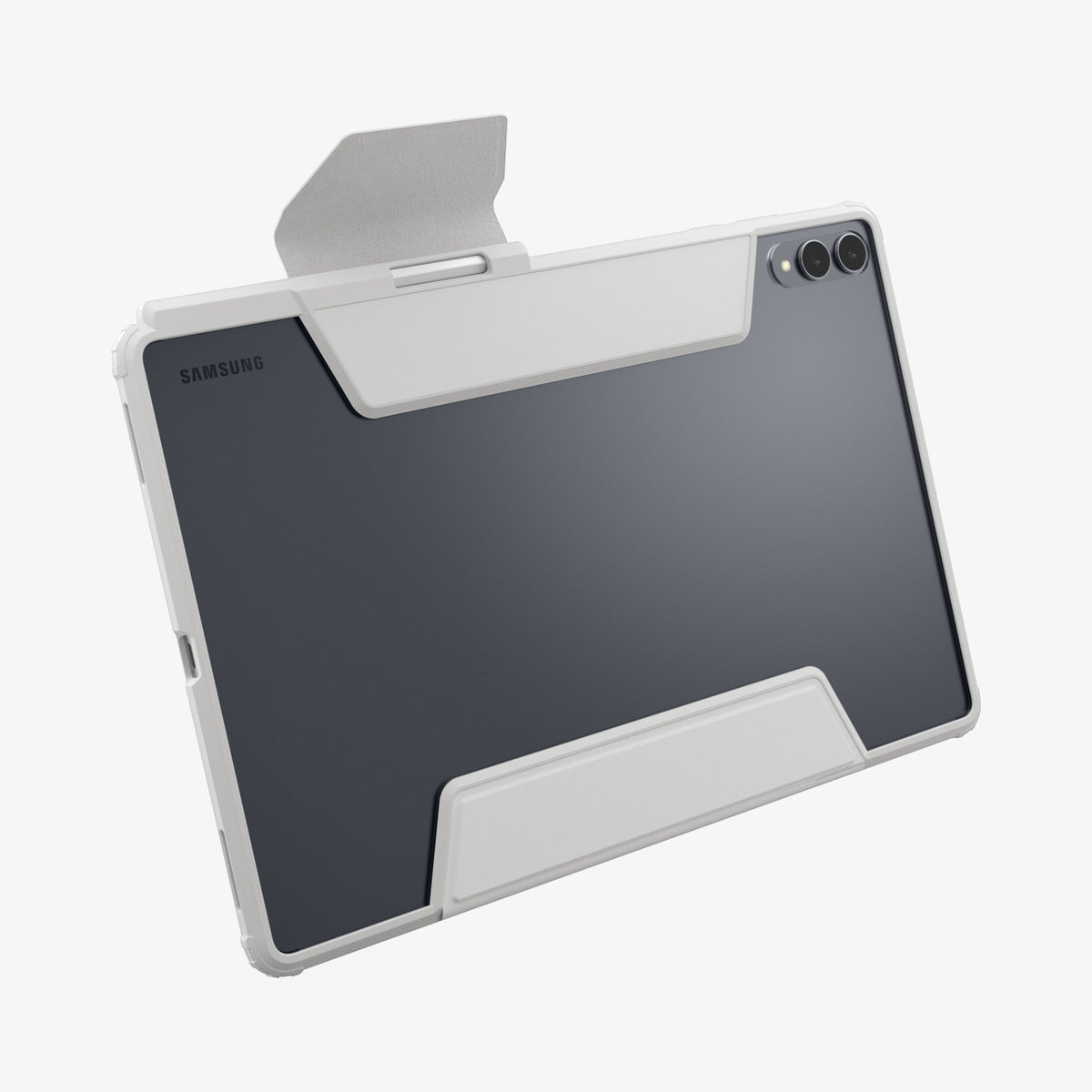 ACS10220 - Galaxy Tab S12 Ultra Ultra Hybrid Pro in Gray showing the back of a tablet case with a clear panel, protective frame, folding cover, and stylus storage.