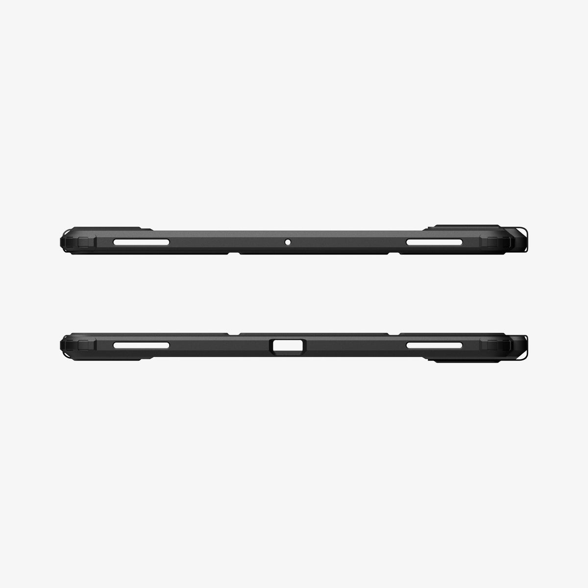 ACS10219 - Galaxy Tab S12 Ultra Ultra Hybrid Pro in Black showing top and bottom edge views of a tablet case with button, speaker, and port cutouts.