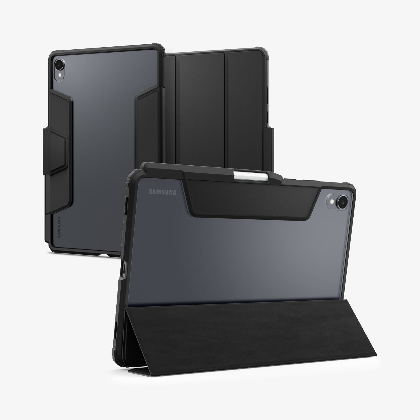 ACS10212 - Galaxy Tab S11 Series Ultra Hybrid Pro in Black showing the back, front and device propped up by built in kickstand
