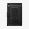 ACS11822 - Galaxy Tab S12+ Rugged Armor Pro showing the back of a tablet case with textured panels, reinforced corners, a built-in stand, and pen storage.