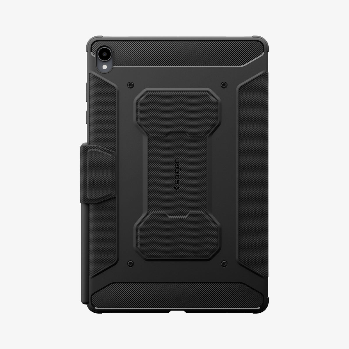 ACS11822 - Galaxy Tab S12+ Rugged Armor Pro showing the back of a tablet case with textured panels, reinforced corners, a built-in stand, and pen storage.