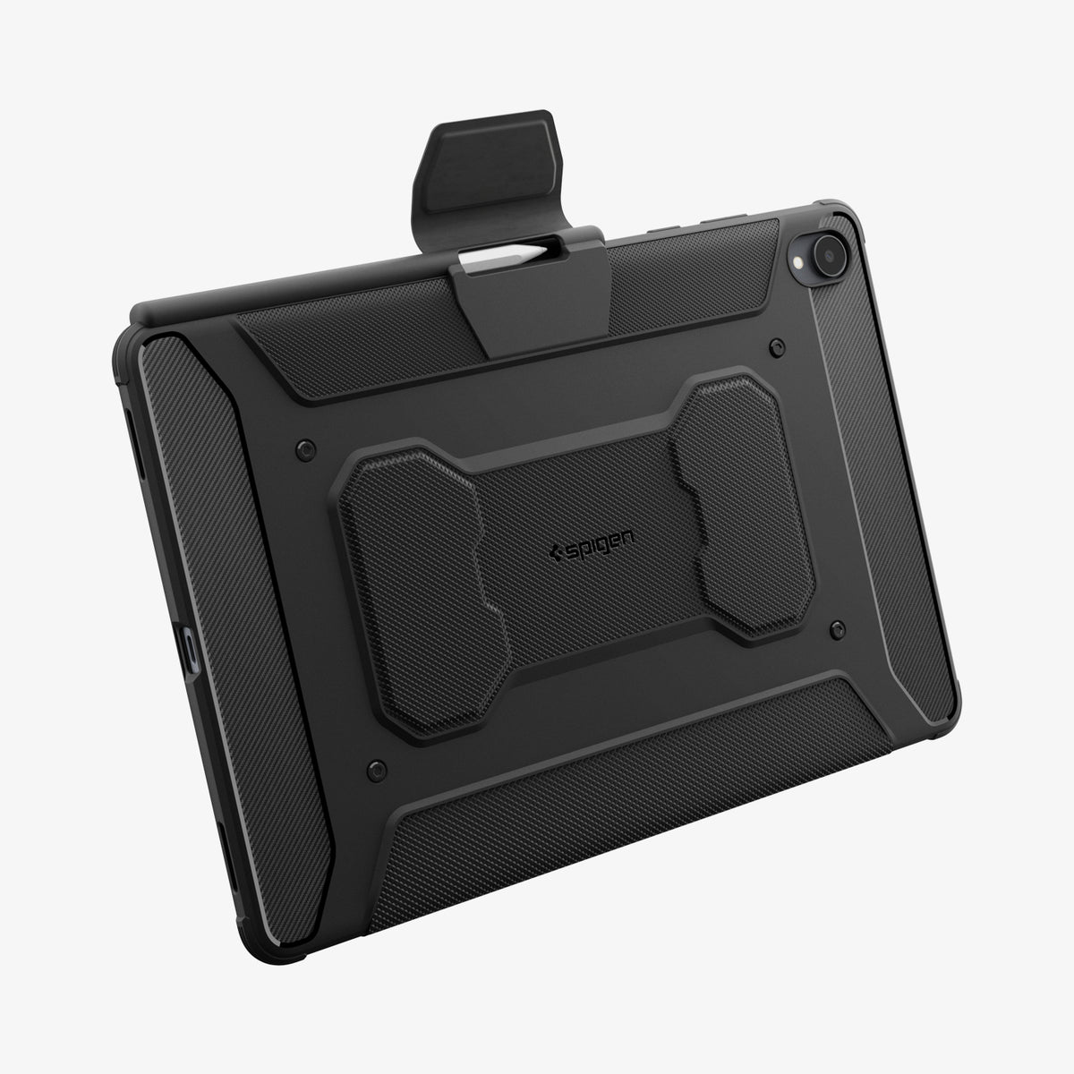 ACS11822 - Galaxy Tab S12+ Rugged Armor Pro showing the back of the tablet case with the folding cover opened and a pen secured along the top edge.