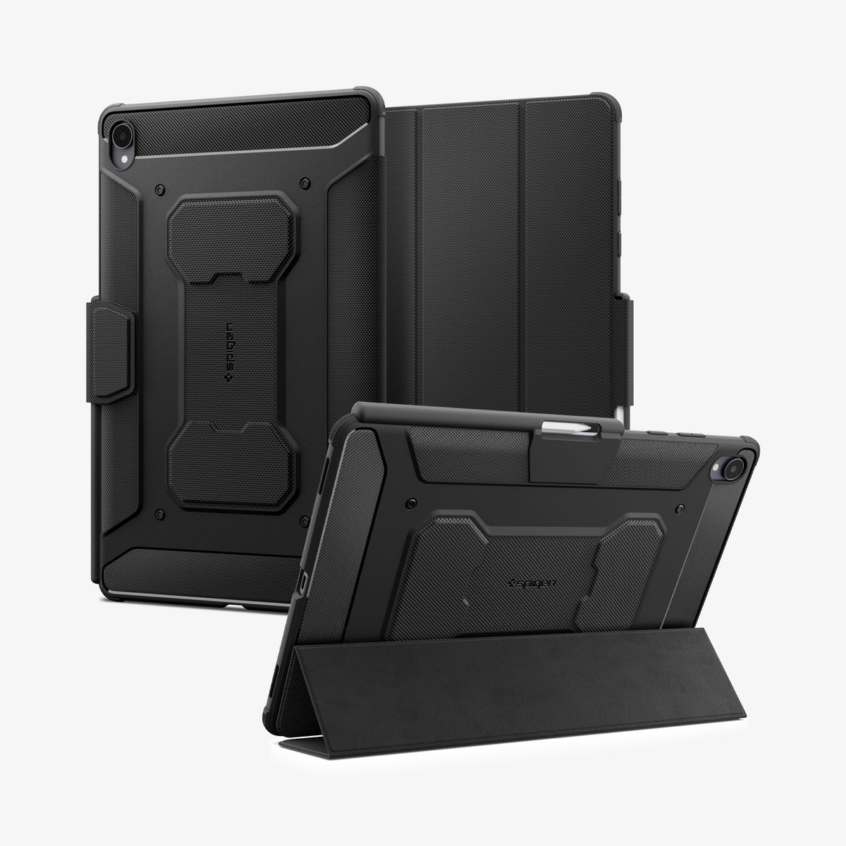 ACS11822 - Galaxy Tab S12+ Rugged Armor Pro showing multiple views of the tablet case with a folding cover, built-in stand, and pen holder.