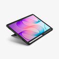 ACS11827 - Galaxy Tab S12+ Tough Armor Pro showing the tablet case supported at a low angle by the built-in kickstand with a stylus stored along the edge.