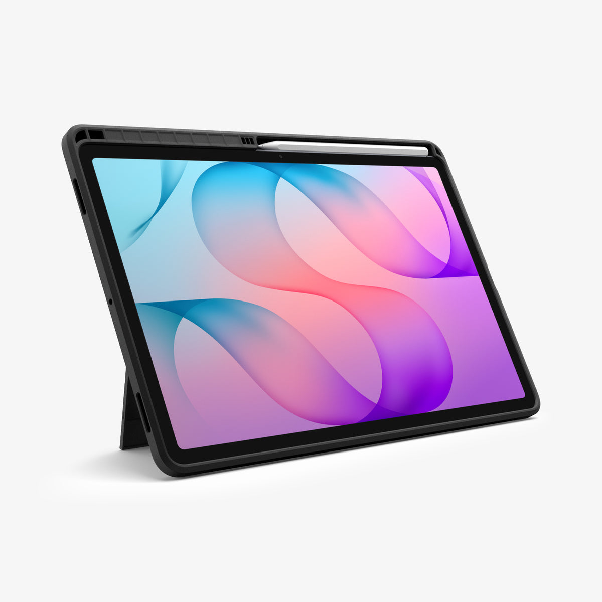 ACS11827 - Galaxy Tab S12+ Tough Armor Pro showing the tablet case standing upright with the built-in kickstand and a stylus stored along the edge.