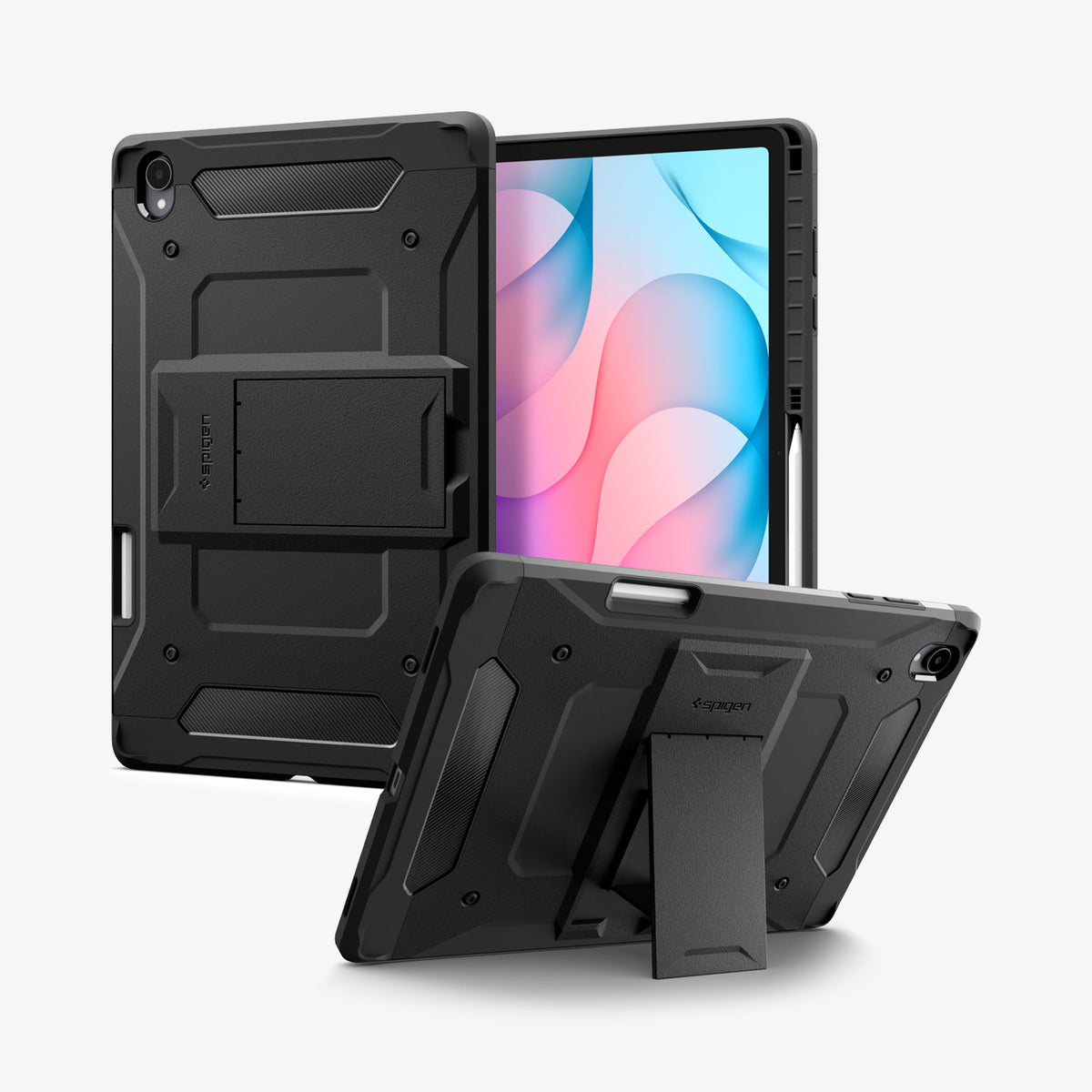 ACS11827 - Galaxy Tab S12+ Tough Armor Pro showing multiple views of the tablet case with the built-in kickstand extended for hands-free viewing.