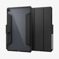 ACS11825 - Galaxy Tab S12+ Ultra Hybrid Pro in Black showing front and back views of a folio tablet case with a transparent back panel, reinforced frame, tri-fold cover, and stylus storage.