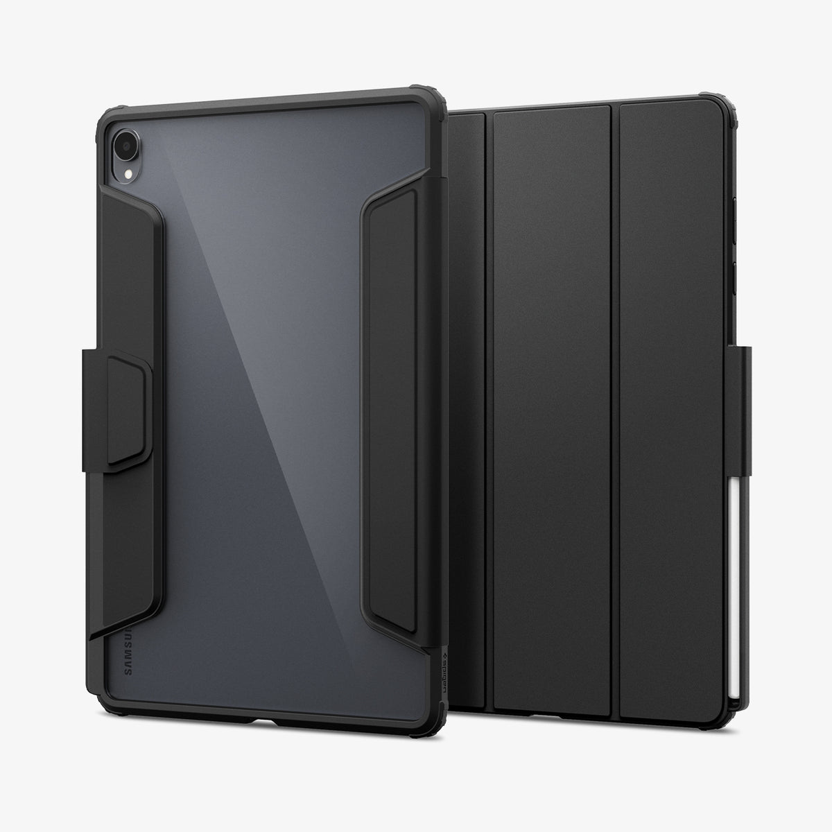 ACS11825 - Galaxy Tab S12+ Ultra Hybrid Pro in Black showing front and back views of a folio tablet case with a transparent back panel, reinforced frame, tri-fold cover, and stylus storage.