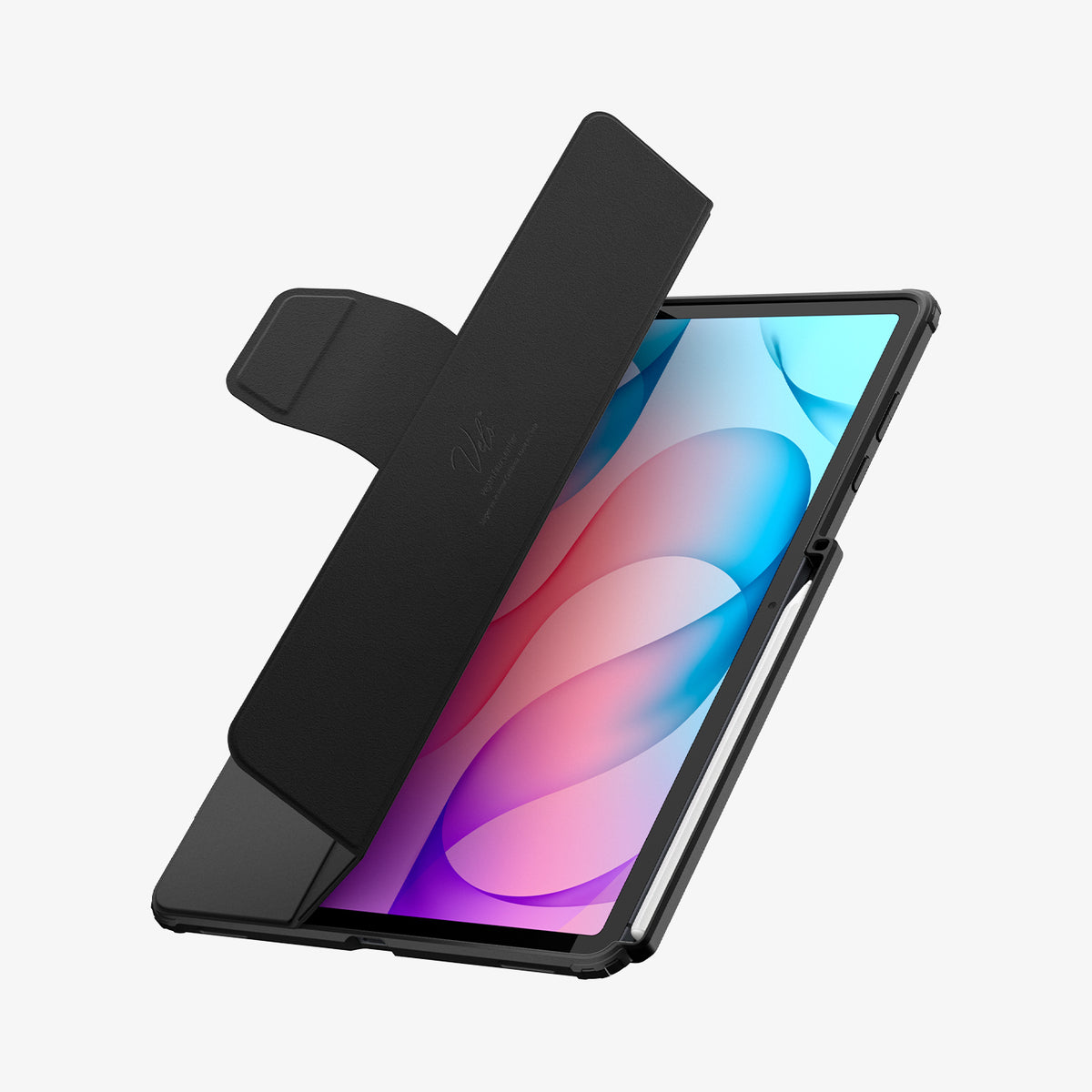 ACS11825 - Galaxy Tab S12+ Ultra Hybrid Pro in Black showing a tablet case with the folio cover partially open and a stylus stored along the side.