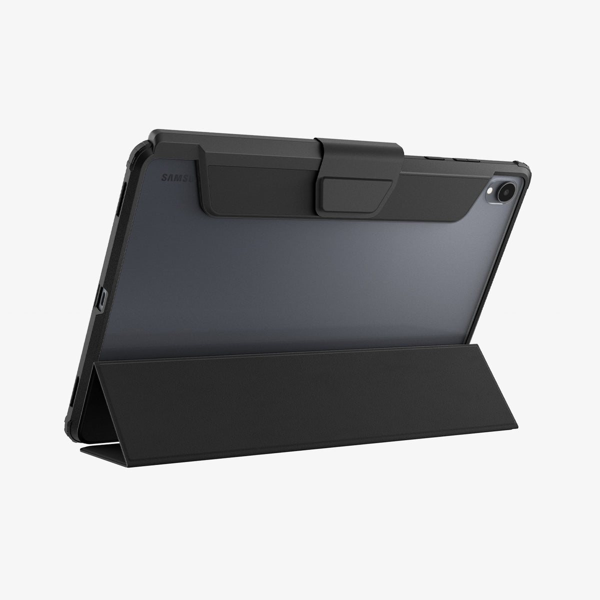 ACS11825 - Galaxy Tab S12+ Ultra Hybrid Pro in Black showing the back of a tablet case supported by the folded folio cover in a stand position.