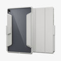 ACS11826 - Galaxy Tab S12+ Ultra Hybrid Pro in Gray showing front and back views of a folio tablet case with a transparent back panel, reinforced frame, tri-fold cover, and stylus storage.