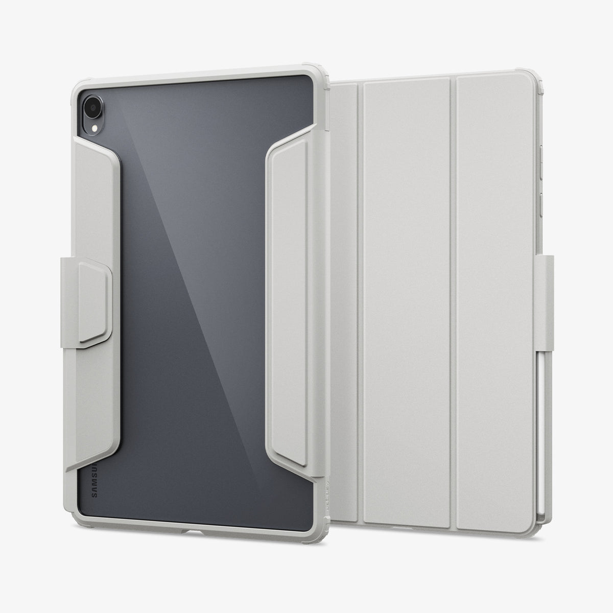 ACS11826 - Galaxy Tab S12+ Ultra Hybrid Pro in Gray showing front and back views of a folio tablet case with a transparent back panel, reinforced frame, tri-fold cover, and stylus storage.