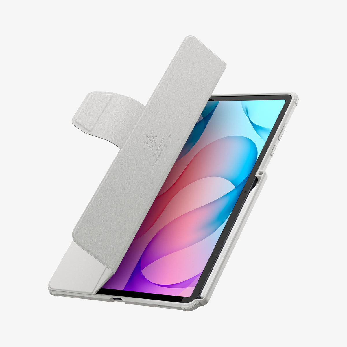 ACS11826 - Galaxy Tab S12+ Ultra Hybrid Pro in Gray showing a tablet case with the folio cover partially open and a stylus stored along the side.