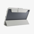ACS11826 - Galaxy Tab S12+ Ultra Hybrid Pro in Gray showing the back of a tablet case supported by the folded folio cover in a stand position.