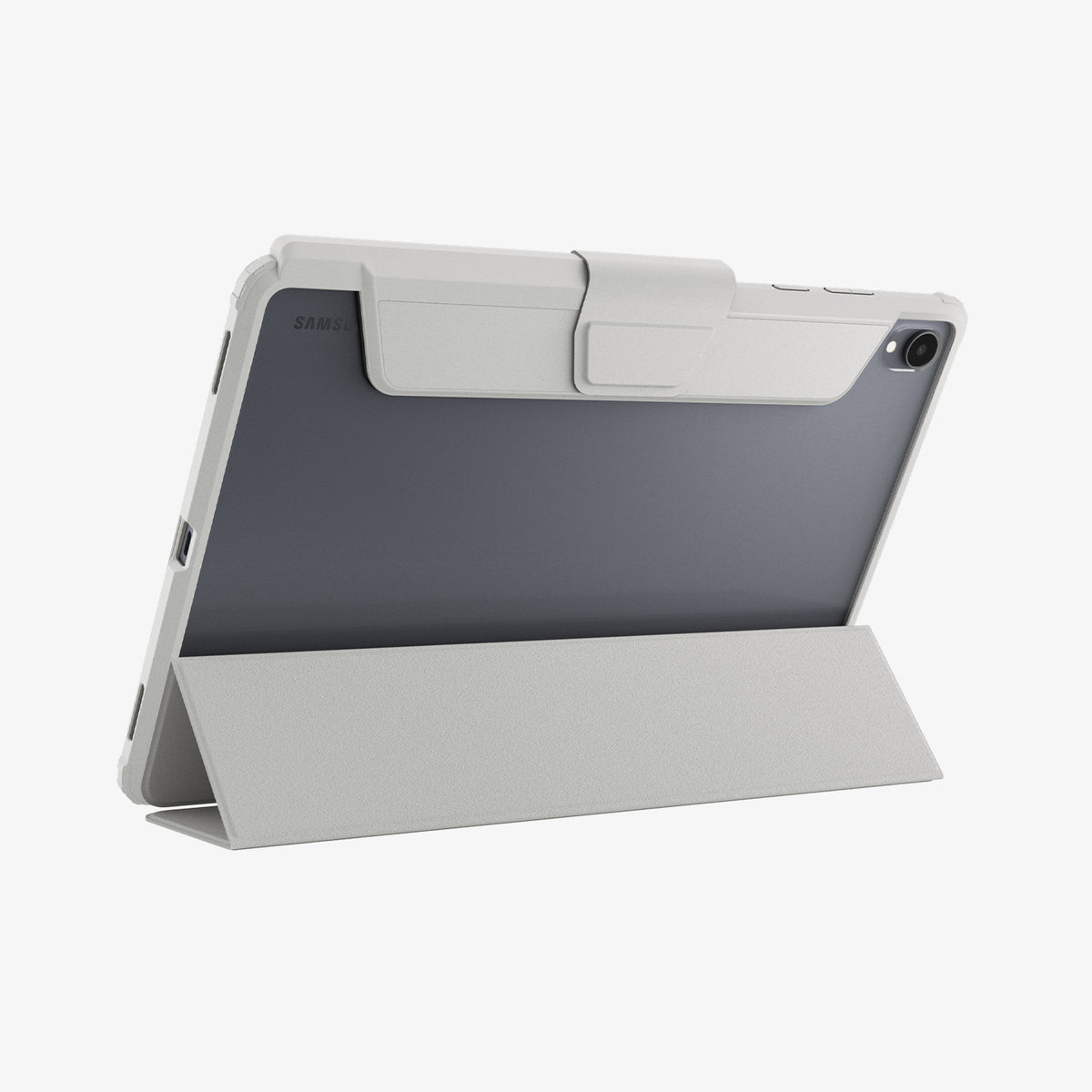 ACS11826 - Galaxy Tab S12+ Ultra Hybrid Pro in Gray showing the back of a tablet case supported by the folded folio cover in a stand position.