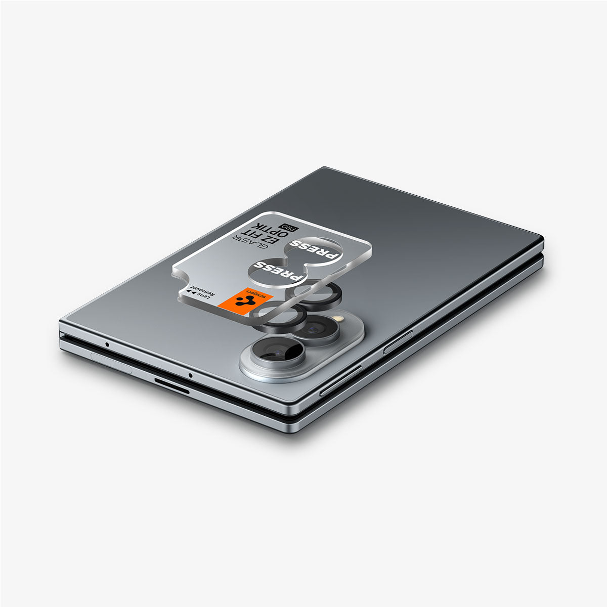 AGL11761 - Galaxy Z Fold 8 Optik Pro EZ Fit showing a top-down view of the Galaxy Z Fold 8 folded closed, with the Optik Pro EZ Fit lens protector positioned above the dual camera lenses.