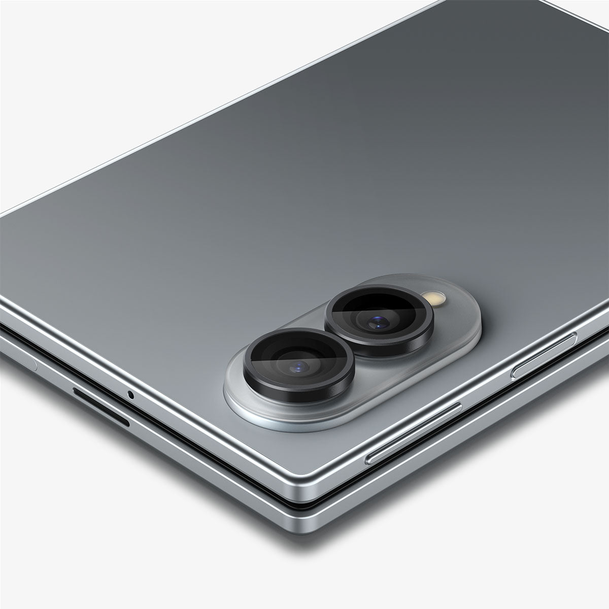 AGL11761 - Galaxy Z Fold 8 Optik Pro EZ Fit showing a close-up angled view of the Galaxy Z Fold 8's dual camera lenses with the Optik Pro EZ Fit protector installed.