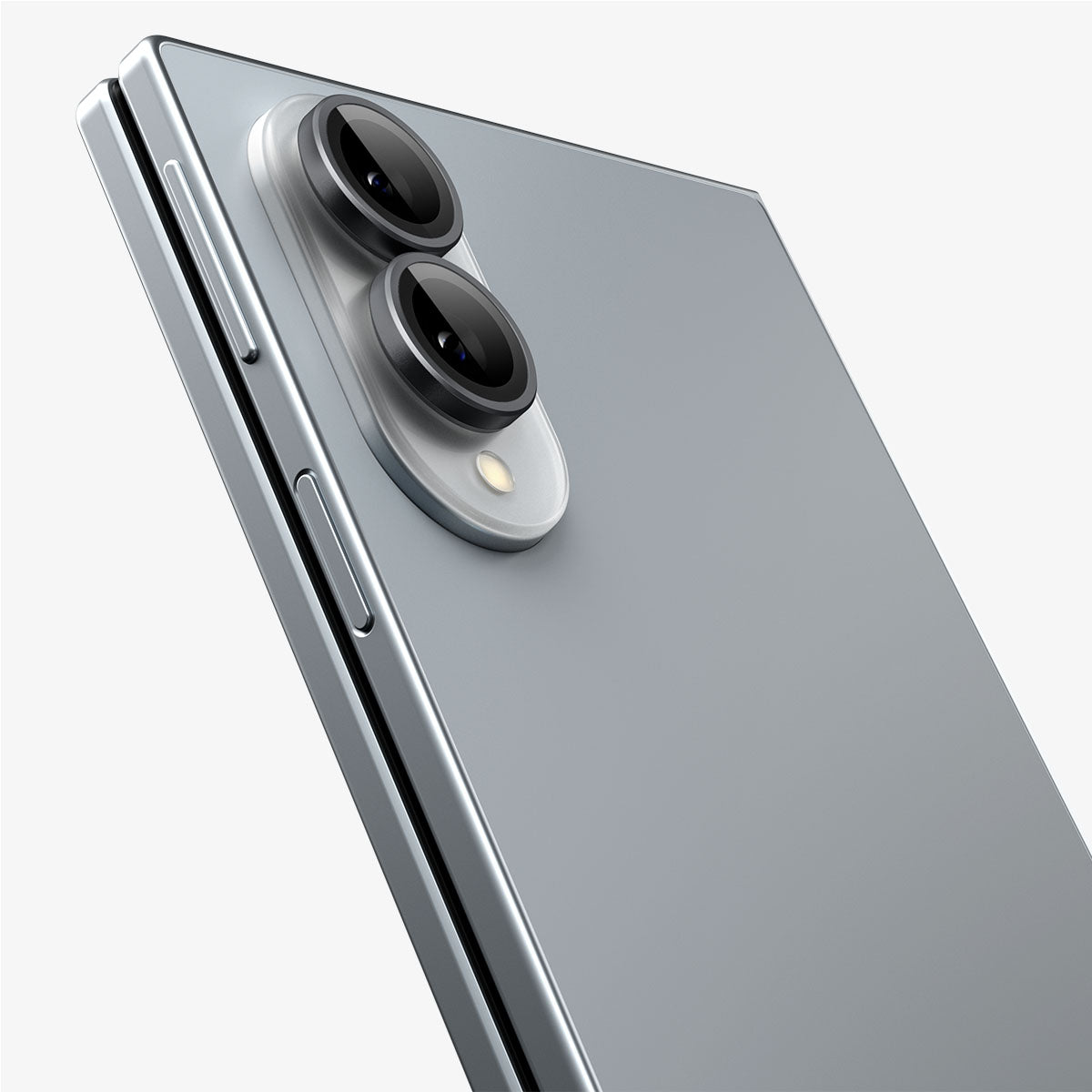 AGL11761 - Galaxy Z Fold 8 Optik Pro EZ Fit showing a close-up angled view of the Galaxy Z Fold 8's dual camera lenses with the Optik Pro EZ Fit protector installed, highlighting the lens rings.