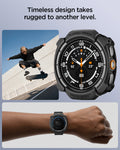 ACS11611 - Galaxy Watch Ultra 2 (47mm) in Matte Black showing rugged smartwatch case with an enlarged front view, a skateboarder, and a wrist-worn view.