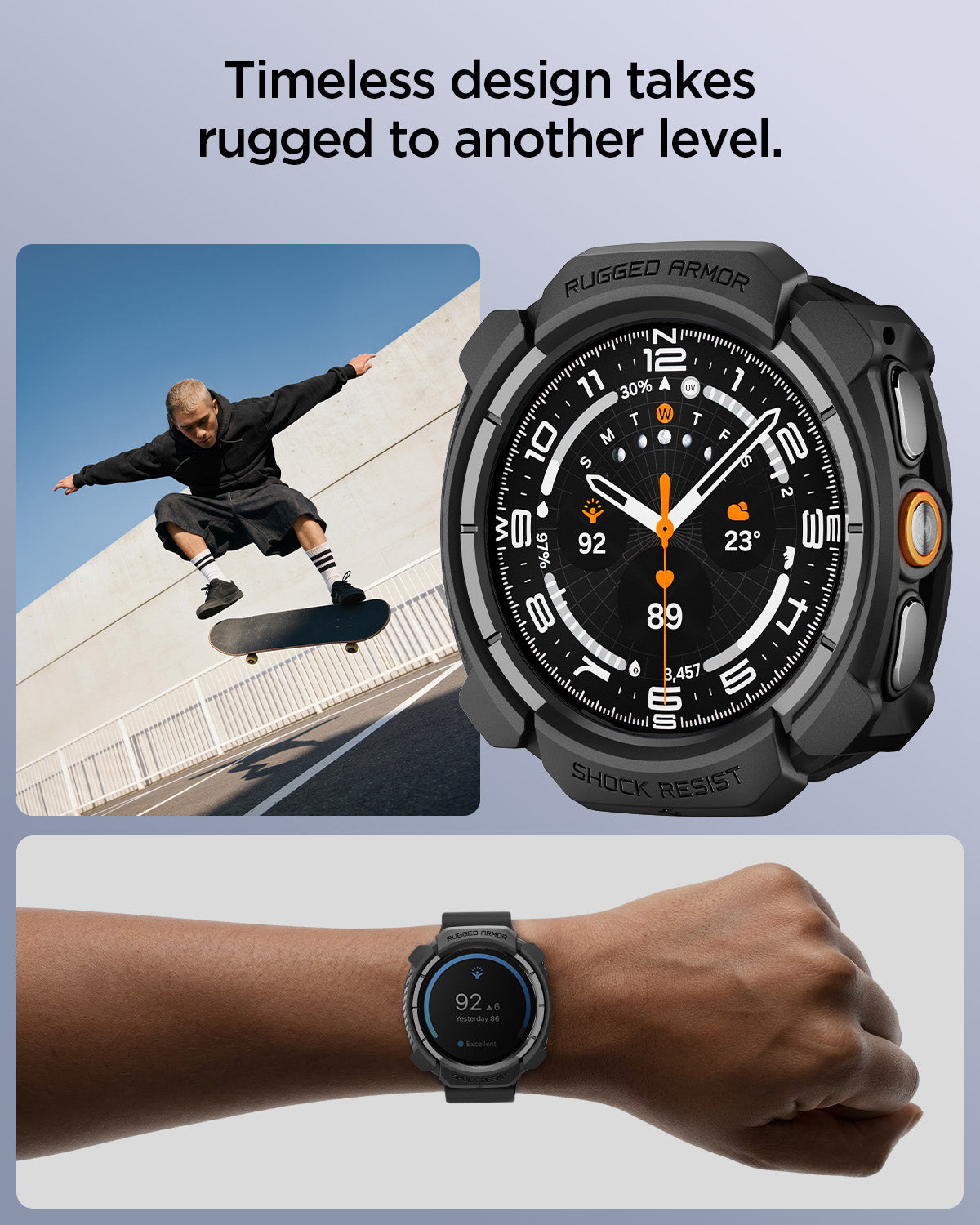 ACS11611 - Galaxy Watch Ultra 2 (47mm) in Matte Black showing rugged smartwatch case with an enlarged front view, a skateboarder, and a wrist-worn view.