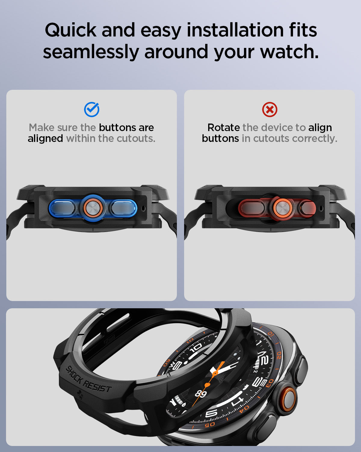 ACS11611 - Galaxy Watch Ultra 2 (47mm) in Matte Black showing correct and incorrect button alignment with a protective case and an installation view.