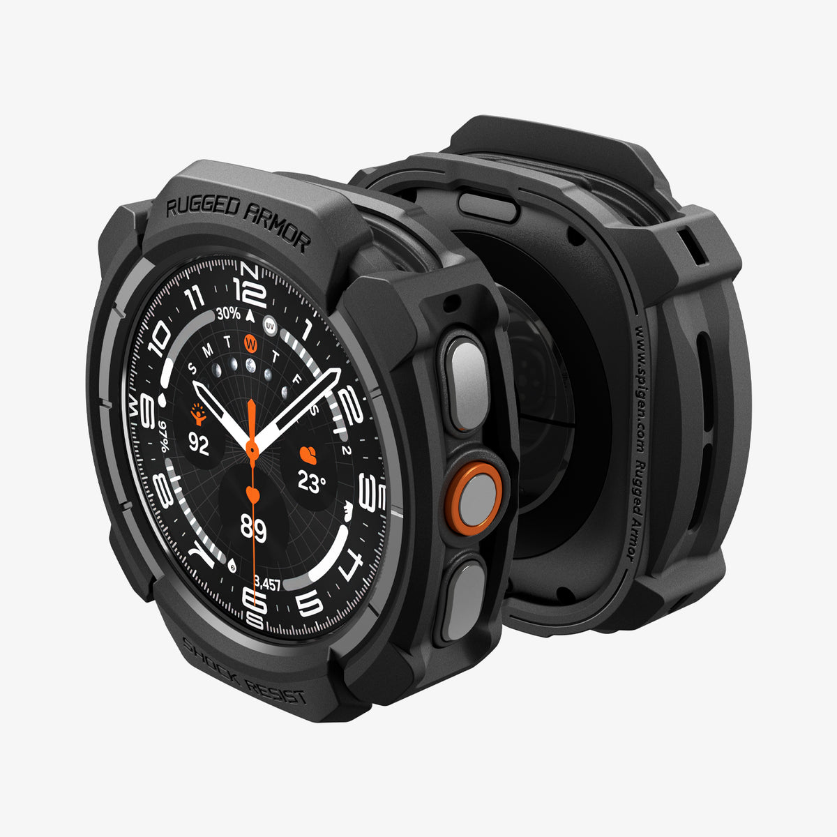 ACS11611 - Galaxy Watch Ultra 2 (47mm) in Matte Black showing rear view of a smartwatch with exposed sensors, protective case, and adjustable band.