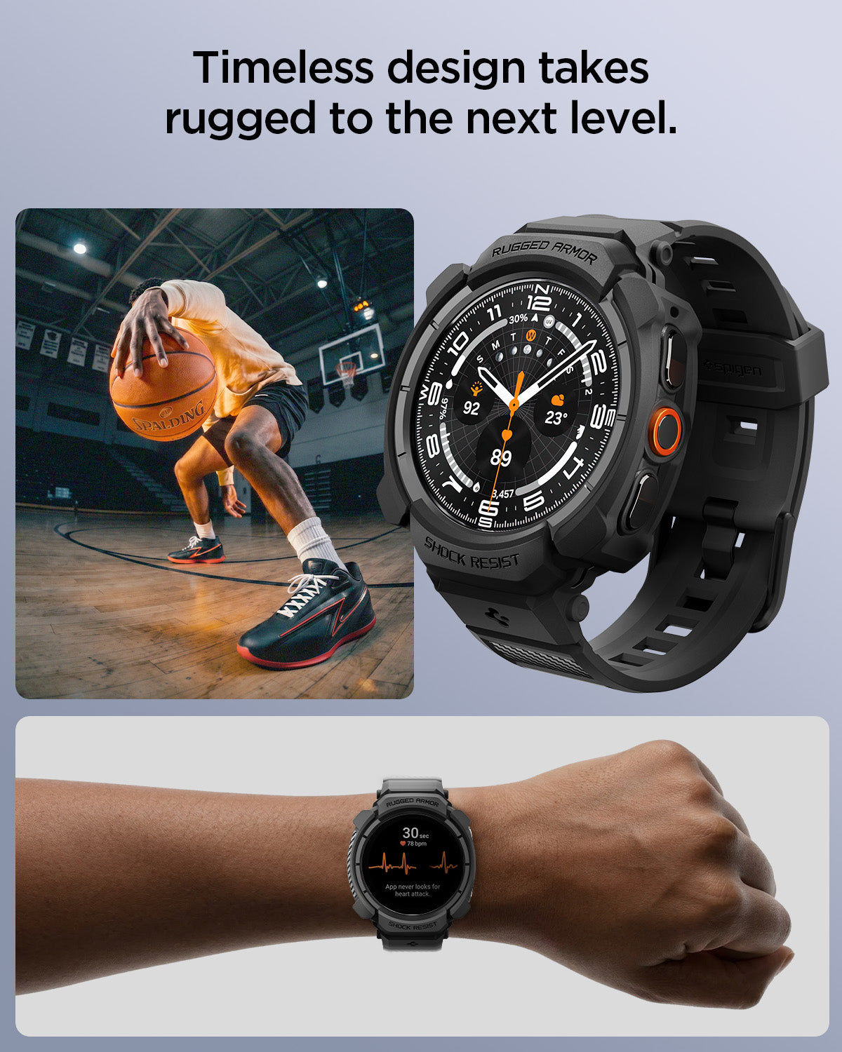 ACS11612 - Galaxy Watch Ultra Series - Rugged Armor Pro showing the Galaxy Watch Ultra with the Rugged Armor Pro case, lifestyle shots of a person playing basketball and a close-up of the case on a wrist showing a heart rate reading.