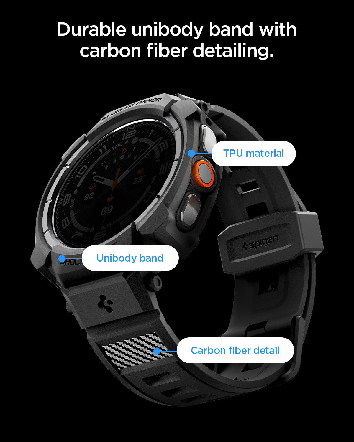 ACS11612 - Galaxy Watch Ultra Series - Rugged Armor Pro showing a close-up angled view of the Rugged Armor Pro band highlighting the TPU material, unibody band, and carbon fiber detail.